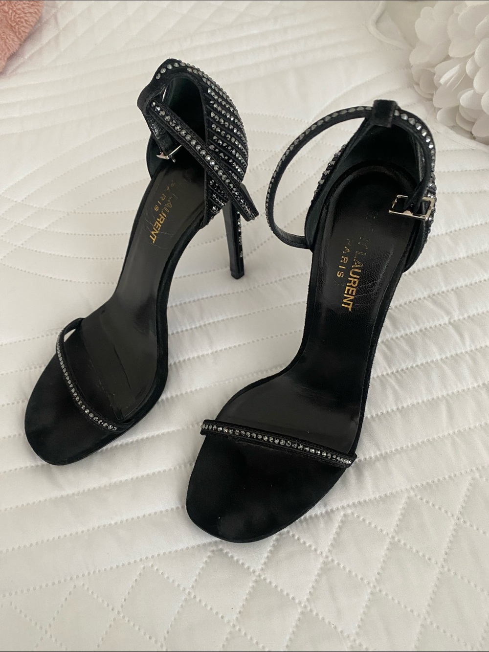 Saint Laurent Black Crystal-Embellished Ankle-Strap Heels - Picture 6 of 7
